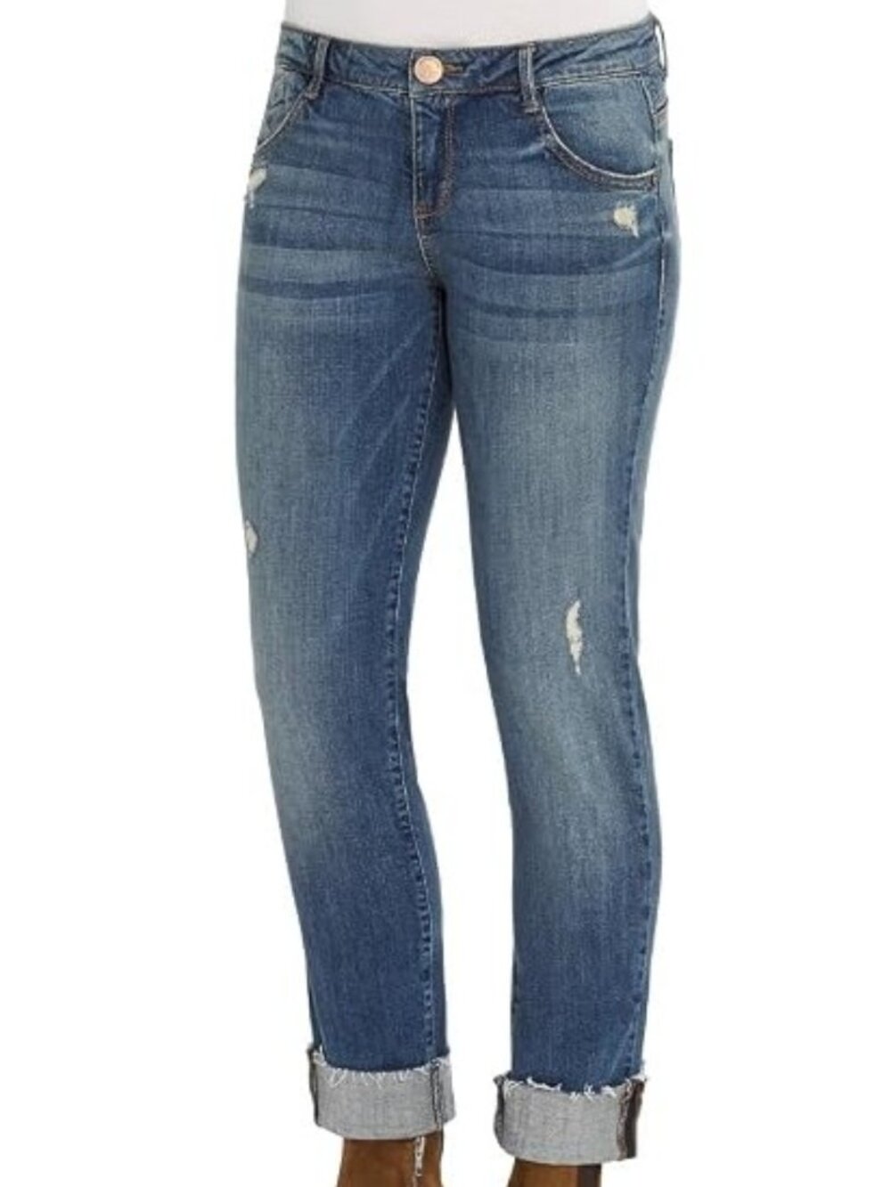 Democracy Flex-Ellent Girlfriend Jeans Womens Blue Distressed Raw Cuffed 14